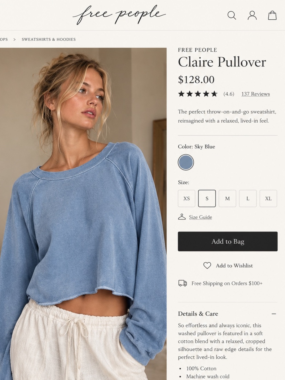 Free People Claire Pullover in Sky Blue Wash